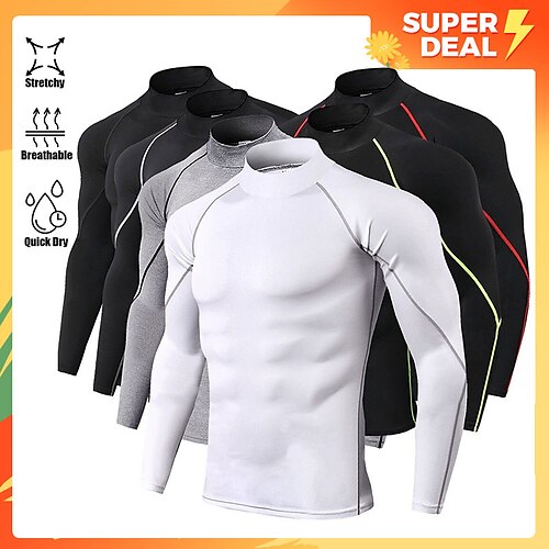 

Men's Compression Shirt Running Shirt Stripe-Trim Reflective Strip Long Sleeve Base Layer Athletic Winter Spandex Breathable Moisture Wicking Soft Running Active Training Jogging Sportswear Activewear