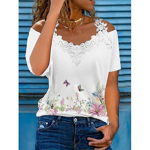 

Mujer Camiseta Negro Blanco Rosa Floral Mariposa Estampado Manga Corta Casual Festivos Básico hombro frío Regular Flor Mariposa S