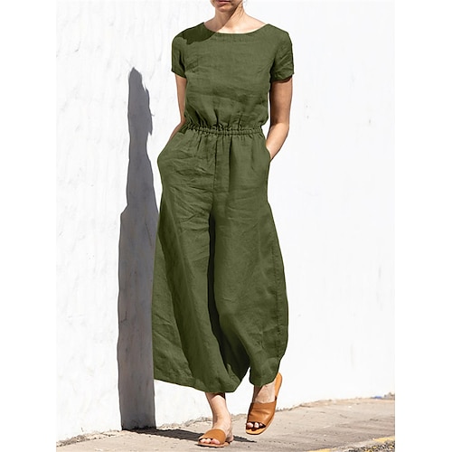 

Women's Jumpsuit Pocket Solid Color Crew Neck Streetwear Daily Vacation Regular Fit Short Sleeve Black Yellow Army Green S M L Summer