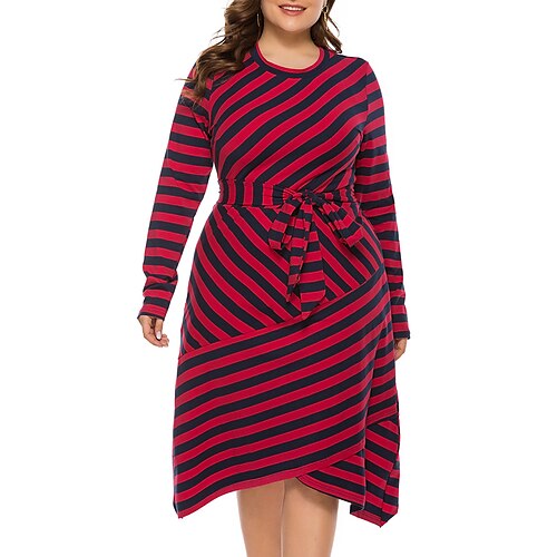 

Dame Store størrelser Uformell kjole Kjole med A-linje Stripe Midikjole Langermet Blondér Trykt mønster Crew-hals Mote utendørs Rød Sommer Vår XL XXL 3XL 4XL 5XL