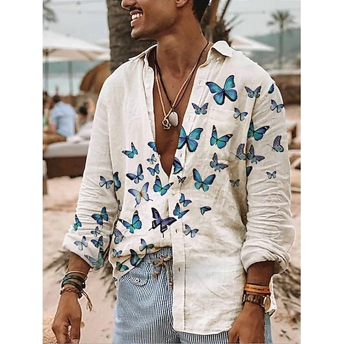 

Hombre Camisa Mariposa Estampados Cuello Vuelto Blanco Exterior Calle Manga Larga Abotonar Estampado Ropa Moda Ropa de calle Design Suave