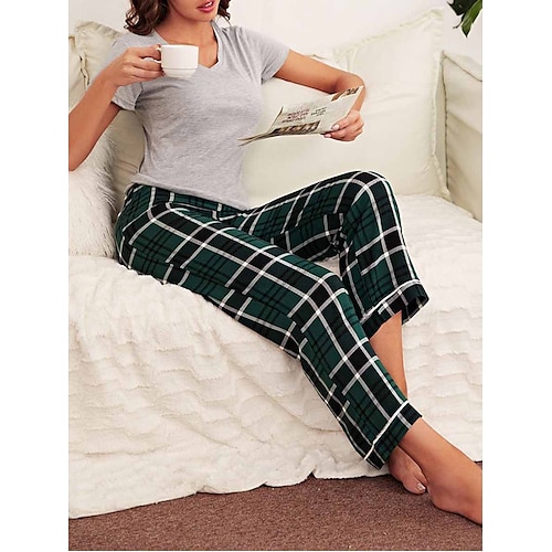 

Dame Loungewear Sæt Gitter / Plaid Enkel Afslappet Gennemsigtig Gade Daglig Ferierejse Polyester Åndbart V-strop Kortærmet Bukse Elastisk Talje Sommer Forår Grå