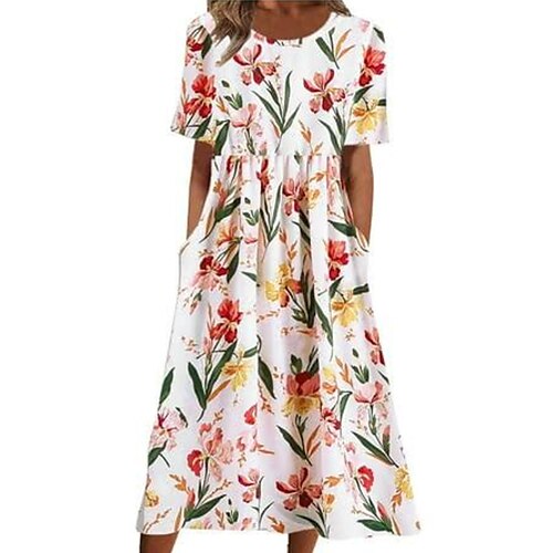 

Dame Afslappet påklædning Sommerkjole Print kjole Grafisk Blomstret Krøllede Folder Lomme Rund hals Midikjole Mode Moden Daglig Ferierejse Kortærmet Regulær Hvid Sommer Forår S M L XL XXL