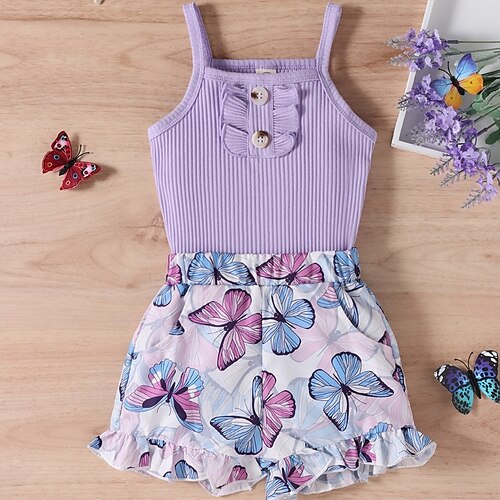 

2 Dele Baby Pige Helfarve Tank Top & shorts sæt Sæt Uden ærmer Aktiv Afslappet 3-7 år Sommer Lilla