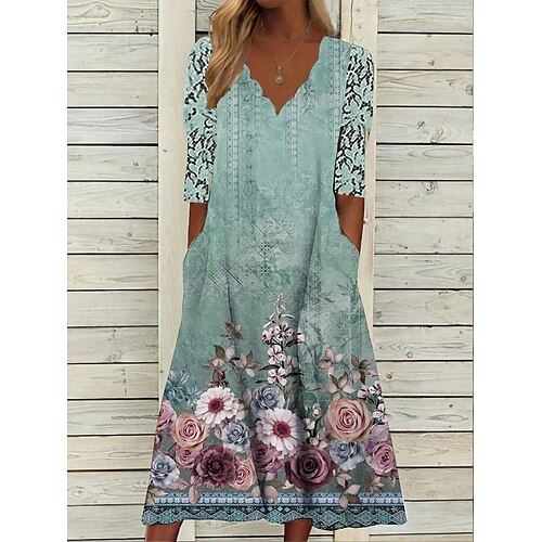 

Mujer Vestimenta casual Vestido de verano Vestido Estampado Floral Encaje Bolsillo cuello festoneado manga de encaje Vestido Midi Moda Maduro Exterior Diario Media Manga Holgado Rosa Azul Piscina