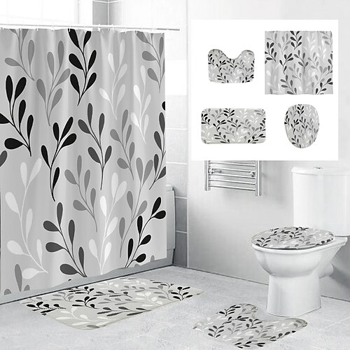 

4Pcs Shower Curtain Set with Rug Toilet Lid Cover Sets with Non-Slip Rug Bath Mat for Bathroom,Simple Geometric Pattern,Waterproof Polyester Shower Curtain with 12 Hooks,Bathroom Decoration