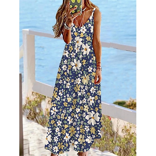

Dame Lang kjole Maxikjole Hverdagskjole A Linje Kjole Sommerkjole Blomstret Mode Gade udendørs Daglig Strand Åben ryg Trykt mønster Uden ærmer Med stropper Kjole Tynd Navyblå Sommer Forår XS S M L XL