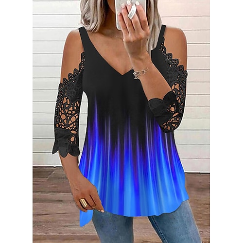 

Women's Shirt Blouse Blue Fuchsia Orange Color Gradient Lace Cut Out 3/4 Length Sleeve Daily Weekend Streetwear Casual V Neck Regular S