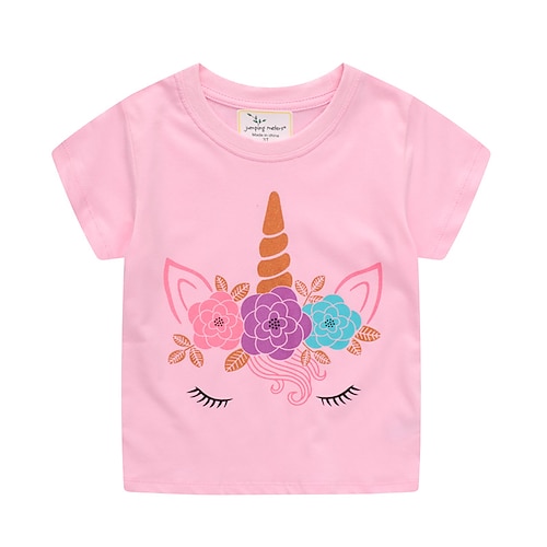 

Baby Pige T-shirt Tegneserie Træning Kortærmet Crewneck Aktiv 3-7 år Sommer Lyserød