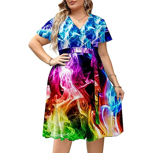 

Dame Store størrelser Uformell kjole Kjole med A-linje Gradert Midikjole Kortermet Trykt mønster V-hals Romantikk Stevnemøte Blå Sommer Vår L XL XXL 3XL 4XL