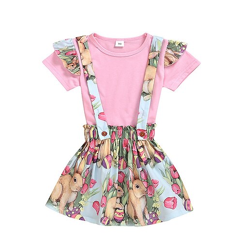 

2 Stück kinderkleidung Mädchen Ostern T-Shirt Rock Kleidungsset Outfit Karikatur Hase Kurzarm Rüschen Set Urlaub Aktiv Süß Sommer Frühling 1-5 Jahre Rosa