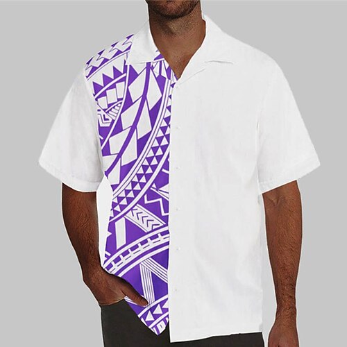 

Homens Camisa Social Camisa havaiana Bloco de cor Estampas Abstratas Geometria colar cubano Roxo Casual Havaiana Manga Curta Botão para baixo Imprimir Roupa Esportes Moda Roupa de rua Designer