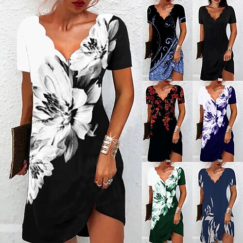 

Women's Casual Dress Shift Dress Floral Dress Midi Dress Black And White Black White Short Sleeve Floral Print Spring Summer Scalloped Neck Basic Daily Date Vacation 2023 S M L XL XXL 3XL