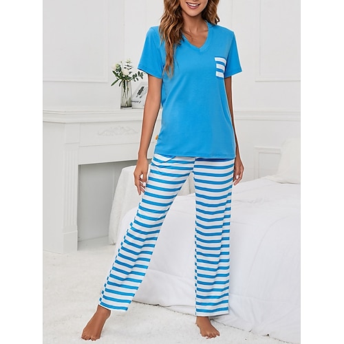 

Dame Pyjamas Pyjamas top og bukser Sæt Stribe Mode Afslappet Blødt Hjem Daglig Seng Polyester Åndbart V-strop Kortærmet T-shirt Bukse Lomme Sommer Forår Blå