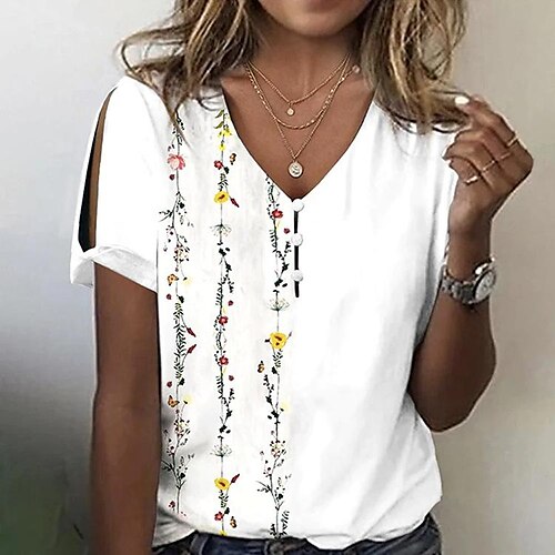 

Damen T Shirt Weiß Rote Grün Blumen Taste Ausgeschnitten Kurzarm Festtage Wochenende Basic V Ausschnitt Standard Blume Farbe S