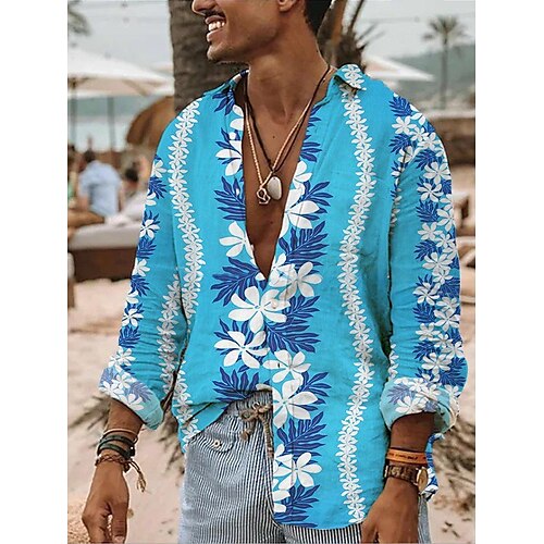 

Homens Camisa Social Camisa havaiana Floral Listrado Estampas Abstratas Aberto para a Lateral Azul Ao ar livre Rua Manga Longa Botão para baixo Imprimir Roupa Moda Roupa de rua Designer Casual