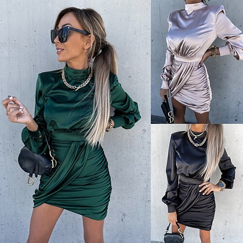 

Women's Wedding Guest Dress Satin Dress Emerald Green Dress A Line Dress Mini Dress Black Pink Green Long Sleeve Pure Color Ruched Fall Spring Turtleneck Party Winter Dress Fall Dress 2023 S M L XL