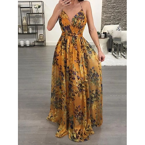 

kvinners bryllup gjestekjole blondekjole hjemkomstkjole lang kjole maxi kjole gul ermeløs blomsterblonde sommer vår spaghetti stropp bryllup gjest sommerkjole s m l xl 2xl 3xl forhåndssalg