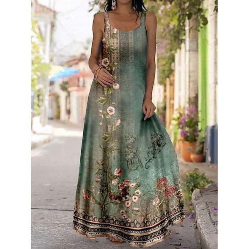 

Dame Lang kjole Maxikjole Swing Kjole A Linje Kjole Sommerkjole Blomstret Romantik Moderne Ferie Ferierejse Weekend Trykt mønster Uden ærmer Med stropper Kjole Regulær Gul Grøn Sommer Forår S M L XL