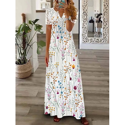 

Dame Lang kjole Maxikjole Sommerkjole A Linje Kjole Print kjole Blomstret Mode Romantik Ferie Ferierejse Strand Blonder Krøllede Folder Kortærmet V-hals Kjole Regulær Hvid Sommer Forår S M L XL XXL