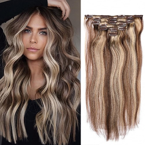 

clip nelle estensioni dei capelli veri capelli umani ombre balayage da biondo cenere a biondo dorato e marrone # 4/27 evidenziare estensioni dei capelli umani remy clip nelle vere estensioni dei