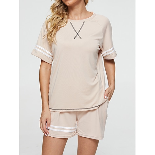 

Dame Loungewear Sæt Stribe Sport Afslappet Komfort Hjem Gade Daglig Polyester Åndbart Rund hals Kortærmet T-shirt Shorts Sommer Forår Lyserød Grøn