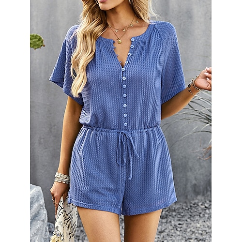 

Women's Romper Button Pocket Solid Color Crew Neck Holiday Daily Vacation Regular Fit Short Sleeve Black White Army Green S M L Summer