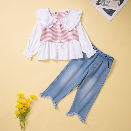 

2 pezzi Bambino Da ragazza A quadri Girocollo Camicia e pantaloni Impostato Manica lunga Essenziale Esterno 3-7 anni Primavera Rosa