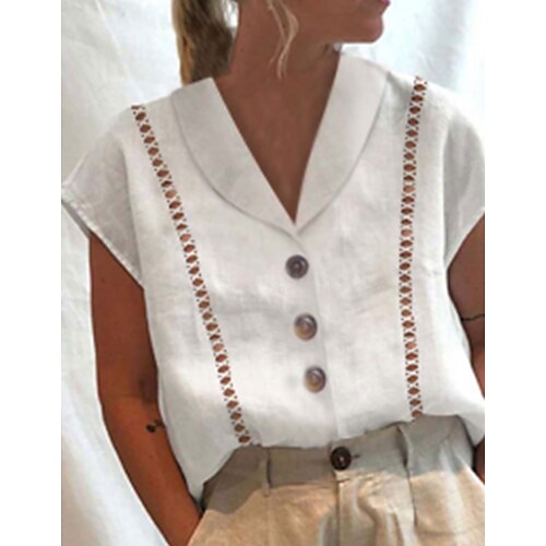 

Women's Shirt Blouse White Plain Button Cut Out Short Sleeve Casual Basic Shirt Collar Regular Cotton S