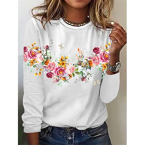 

Women's T shirt Tee White Gray Floral Print Long Sleeve Holiday Weekend Basic Round Neck Regular Floral Painting S