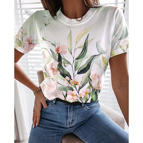 

Mujer Camiseta Rosa Azul Piscina Verde Trébol Floral Estampado Manga Corta Festivos Fin de semana Básico Escote Redondo Regular Flor Pintura S