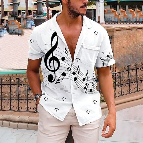 

Men's Shirt Summer Hawaiian Shirt Graphic Prints Music Notes Cuban Collar White Light Green Blue Purple Green Casual Hawaiian Short Sleeve Button-Down Print Clothing Apparel Linen Sports Fashion