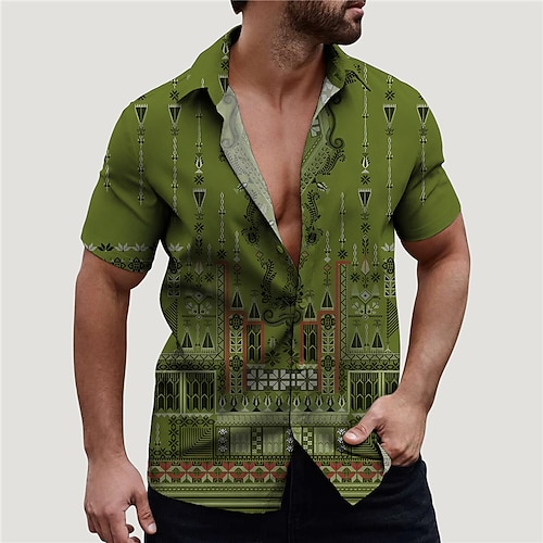 

Homens Camisa Social Floral Tribal Estampas Abstratas Vintage Aberto para a Lateral Azul Verde Rua Casual Manga Curta Botão para baixo Imprimir Roupa Linho Tropical Moda Roupa de rua Designer