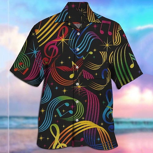 

Homens Camisa Social Camisa havaiana Coqueiro Música Notas colar cubano Preto Casual Havaiana Manga Curta Botão para baixo Imprimir Roupa Esportes Moda Roupa de rua Designer