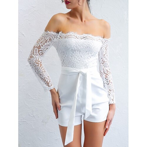 

Combishort Femme Dentelle Dos Nu Couleur unie Epaules Dénudées Elégant Soirée Plein Air Standard manche longue Blanche S Eté
