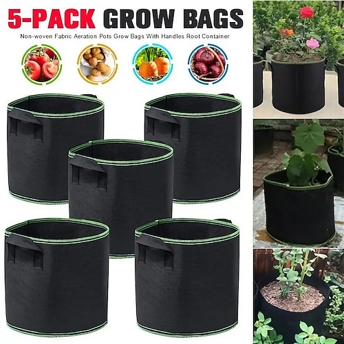 

5-Pack Plant Grow Bags3/5/7/10Gallons Plant Fabric Pots Garden Container Heavy Duty Aeration Fabric Pots Thickened Nonwoven Fabric Grow Bags With Flap Handles For Veggies Flower Planter