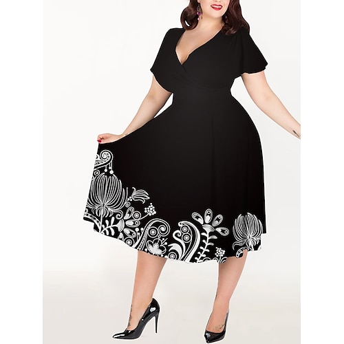 

donna plus size abito formale casual una linea abito formale grafico floreale midi abito formale manica corta stampa scollo a V elegante partito nero estate primavera l xl xxl 3xl 4xl