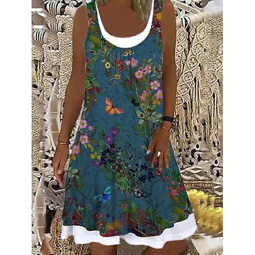 

Dame Uformell kjole Skiftkjole Print kjole Blomstret falske to stykker Trykt mønster U-hals Midikjole Aktiv Mote utendørs Daglig Ermeløs Løstsittende Grønn Sommer Vår S M L XL XXL