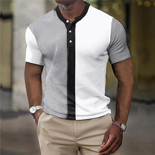 

Herre Vaffel Henley skjorte Farveblok Henley Tøj 3D-udskrivning udendørs Daglig Kortærmet Knap Mode Designer Basale