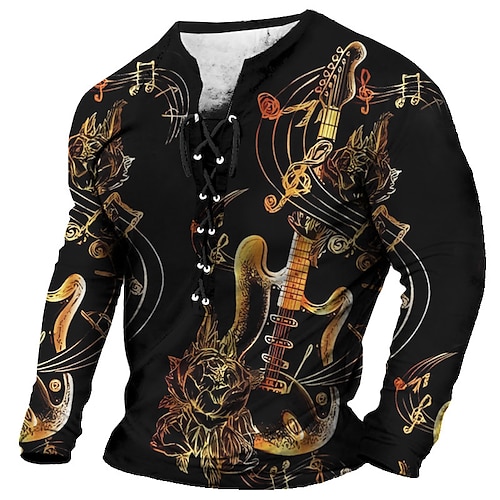 

Halloween Wolf And Guitar Mens Graphic Shirt Tee Musical Instrument Collar Clothing Apparel 3D Print Daily Going Out Long Sleeve Lace Up Fashion Designer Concert Black Cotton