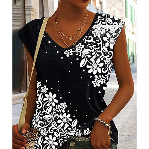 

Women's Tank Top Black Blue Green Floral Print Sleeveless Casual Basic V Neck Regular Floral S