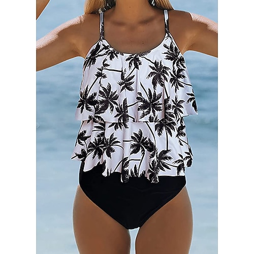 

Maillots de Bain Tankini 2 pièces Maillot de bain Femme A Volants 2 Pièces Imprimé Palmier Normal Débardeur Maillots de bain Sportif Tenues de plage Eté