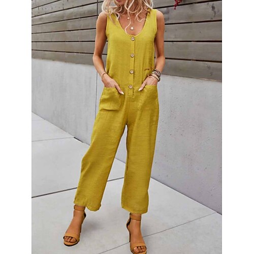 

Women's Jumpsuit Button Pocket Solid Color U Neck Basic Street Daily Regular Fit Sleeveless Yellow Army Green Royal Blue S M L Summer