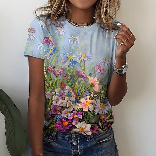 

T shirt Tee Femme Bleu Floral Imprimer Manche Courte Vacances Fin de semaine basique Col Rond Normal Standard Fleur Peinture S