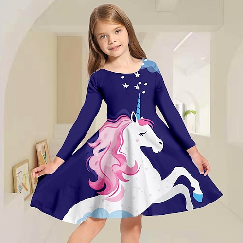 

Kinder Kleid für kleine Mädchen Einhorn Tier A-Linie Kleid Alltag Urlaub Patchwork Druck Rosa Über dem Knie Kurzarm Süß Kleider Sommer Lose 3-12 Jahre