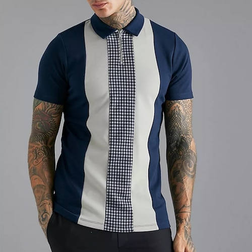 

Per uomo POLO Polo con zip Informale Giornaliero Bavero Manica corta Di tendenza Essenziale Color Block Pied-de-poule Chiusura lampo quarto Estate Standard Blu scuro POLO