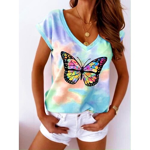 

Mujer Camiseta Amarillo Rosa Azul cielo Mariposa Estampado Manga Corta Festivos Fin de semana Básico Escote en Pico Regular Mariposa Pintura S