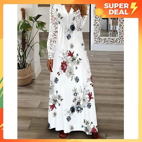 

damen floral spitze plissierte kleider langes kleid maxikleid a-linie kleid bedrucktes kleid mode lässig outdoor täglich knopf langarm v-ausschnitt kleid regular fit weiß rosa rot frühling sommer s m