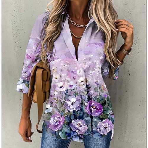 

Chemise Chemisier Femme Rose Claire Bleu Violet Floral Bouton Imprimer manche longue Casual Vacances basique Col de Chemise Normal Standard Fleur S