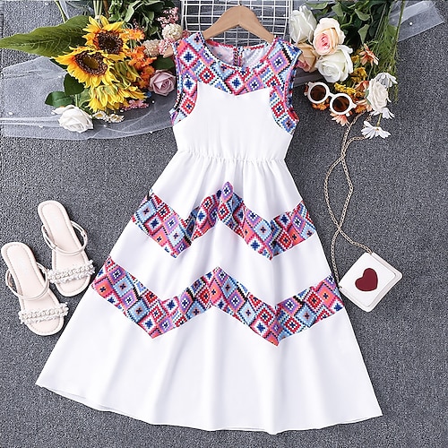 

Bambino Da ragazza Vestito A quadri Medio Vestito Scuola Girocollo Senza maniche Di tendenza Vestito 3-7 anni Estate Bianco